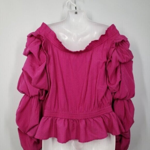Guess Puffy Sleeve Off Shoulder Barbie Pink Pirate Top Ruffles Women's Sz Large - Picture 3 of 16